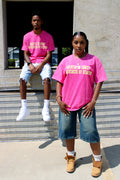 Pink Created in Christ oversized Christian t-shirt with yellow lettering