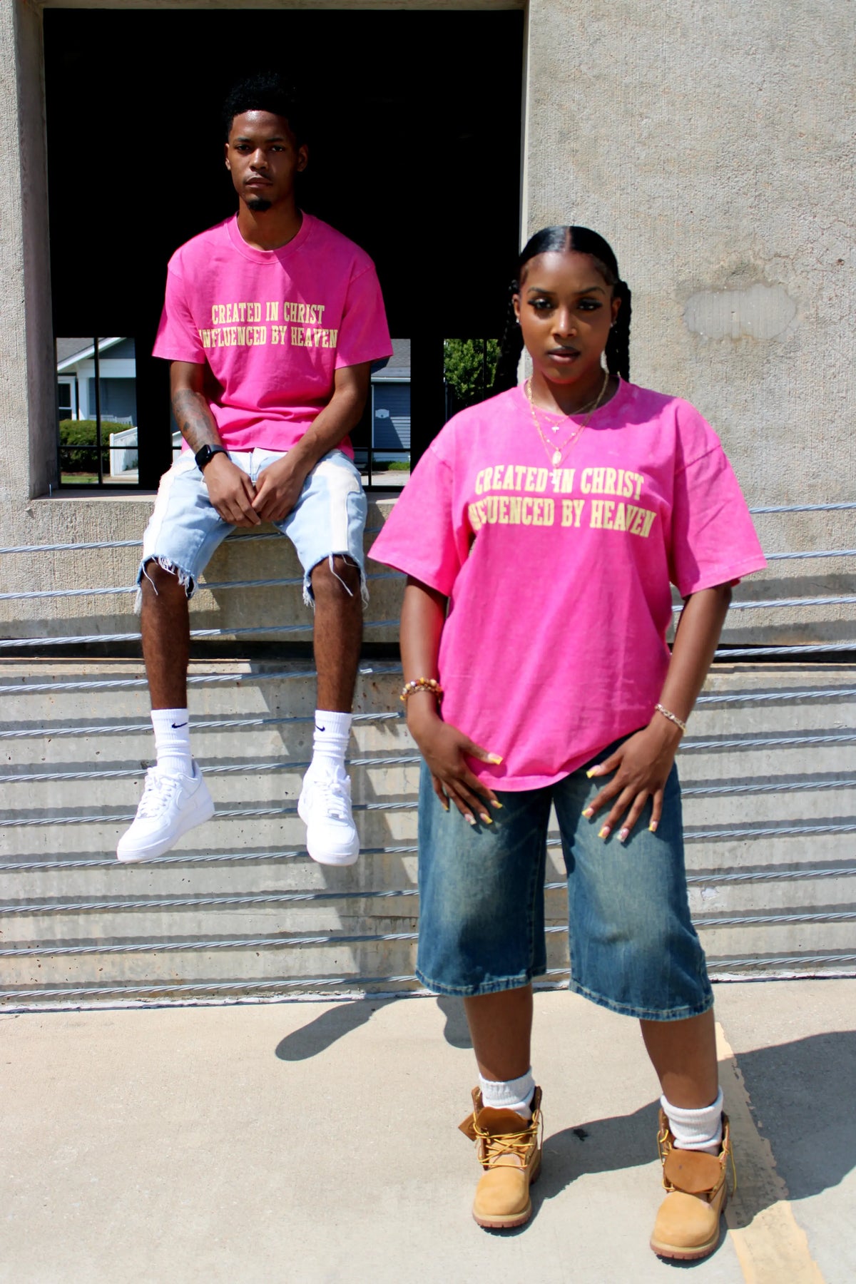 Pink Created in Christ oversized Christian t-shirt with yellow lettering